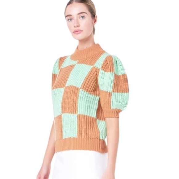 NWT English Factory Mint Green Tan Check Plaid Puff Sleeve Crop Sweater - XS - Picture 6 of 16
